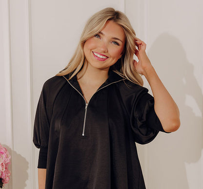 City Staple Satin Quarter Zip Top in Black
