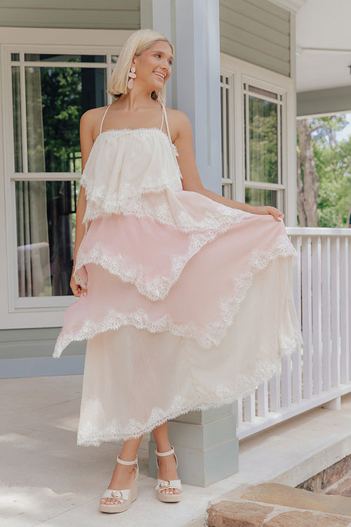 Moonlit Romance Tiered Lace Trim Midi Dress