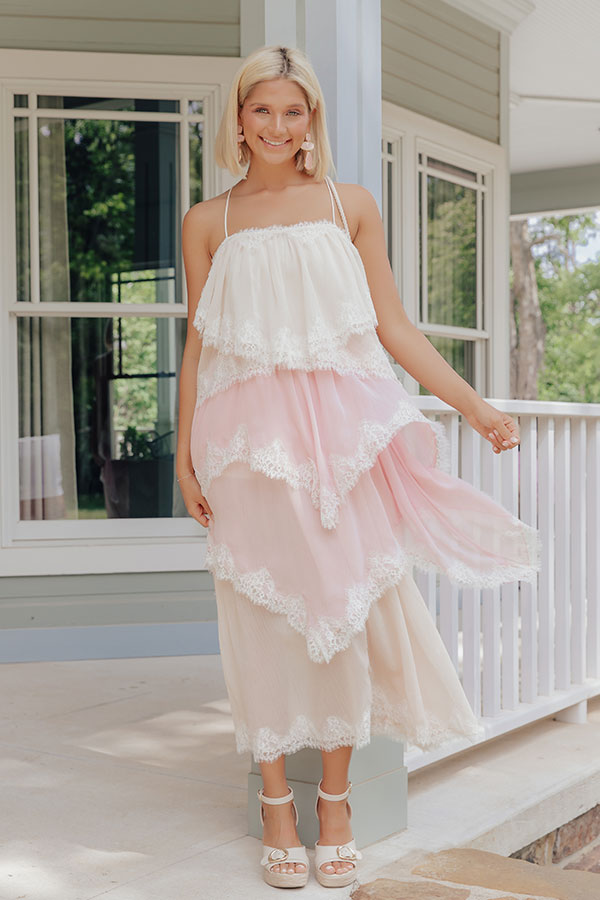 Moonlit Romance Tiered Lace Trim Midi Dress