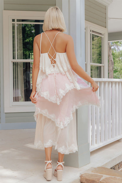 Moonlit Romance Tiered Lace Trim Midi Dress