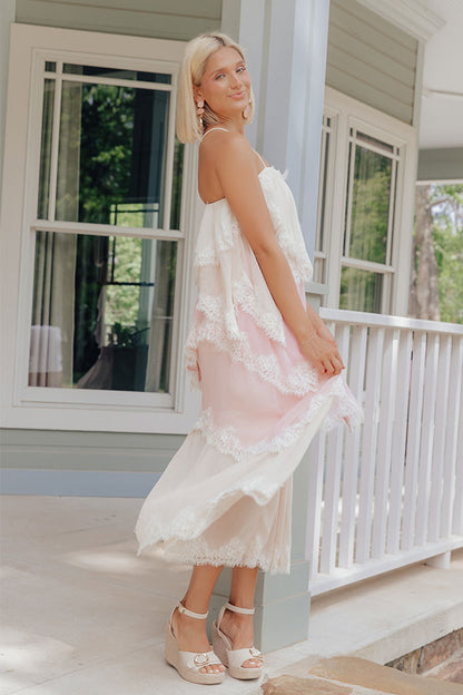 Moonlit Romance Tiered Lace Trim Midi Dress