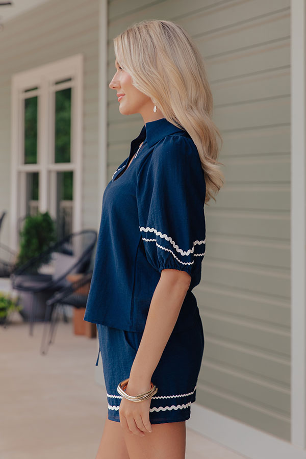 Cue The Vacay Linen-Blend Top in Navy