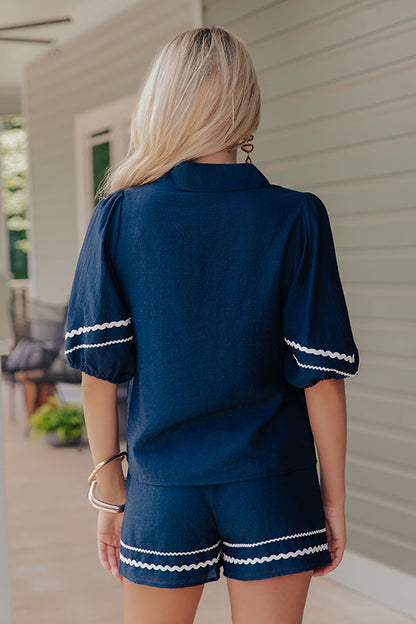 Cue The Vacay Linen-Blend Top in Navy