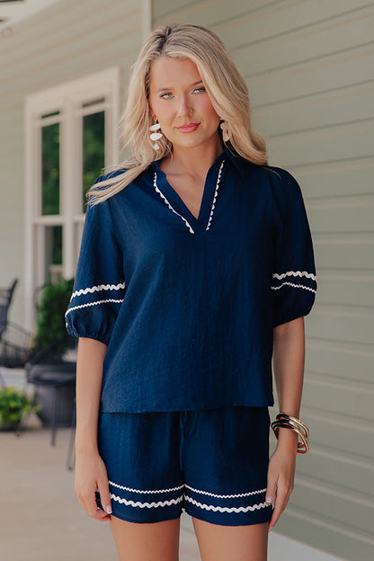 Cue The Vacay Linen-Blend Top in Navy